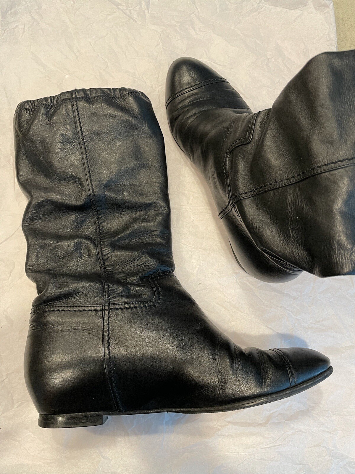 ❤️CHANEL Authentic Leather Boots 37 Beaded Crystal CC Logo Pull Up Booties Shoes