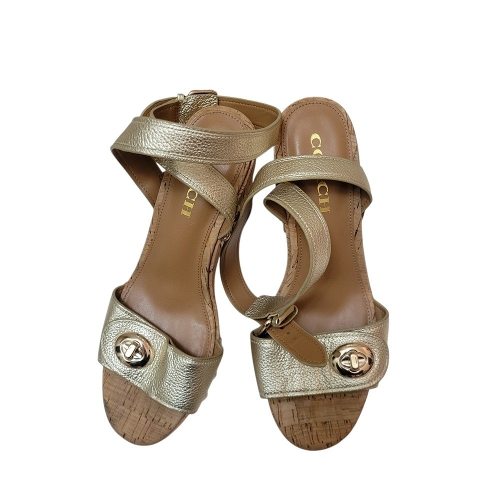 Coach Metallic Gold Leather Cork Sandals Turn-Lock Detail & Wrap Strap Boho Chic