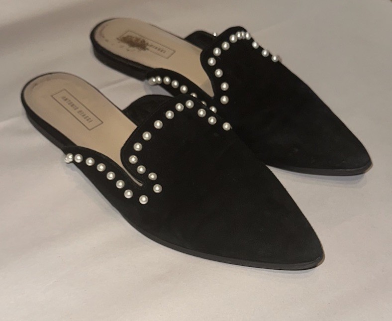 Antonio Biaggi black suede mules pointed toe accented with pearl studs Size 40