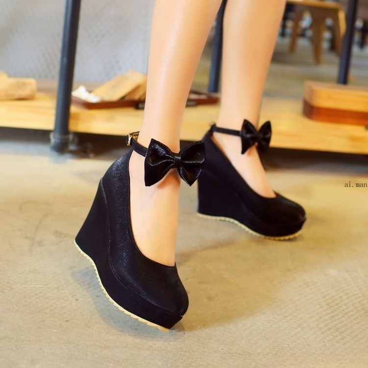 Women’s Round Toe Wedge Heeled Platform Wedding Shoes Bow Tied Shoes Pumps