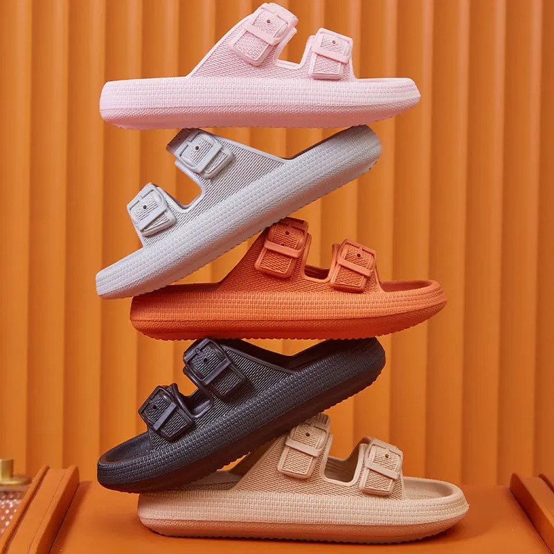 Soft Sole Pillow Slippers for Women Double Buckle Thick Platform Cloud Slides Sa