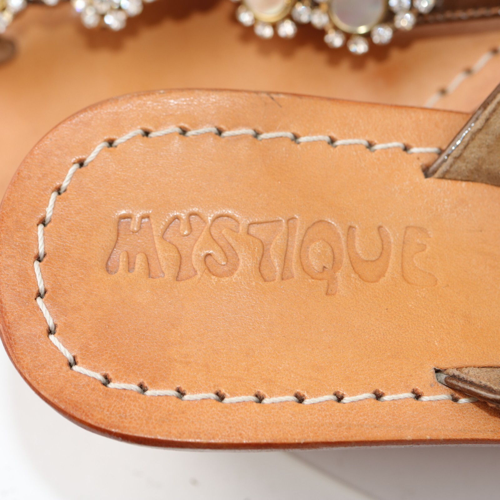 Mistique Womens Jewel Sandal Size 8 Rhinetone Thong Slide Handmade Low Wedge