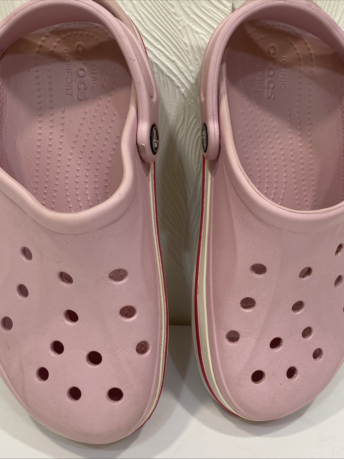 Crocs Bayaband Slip-On Clogs Womens 8 Mens 6 Candy Pink Spellout Iconic Comfort