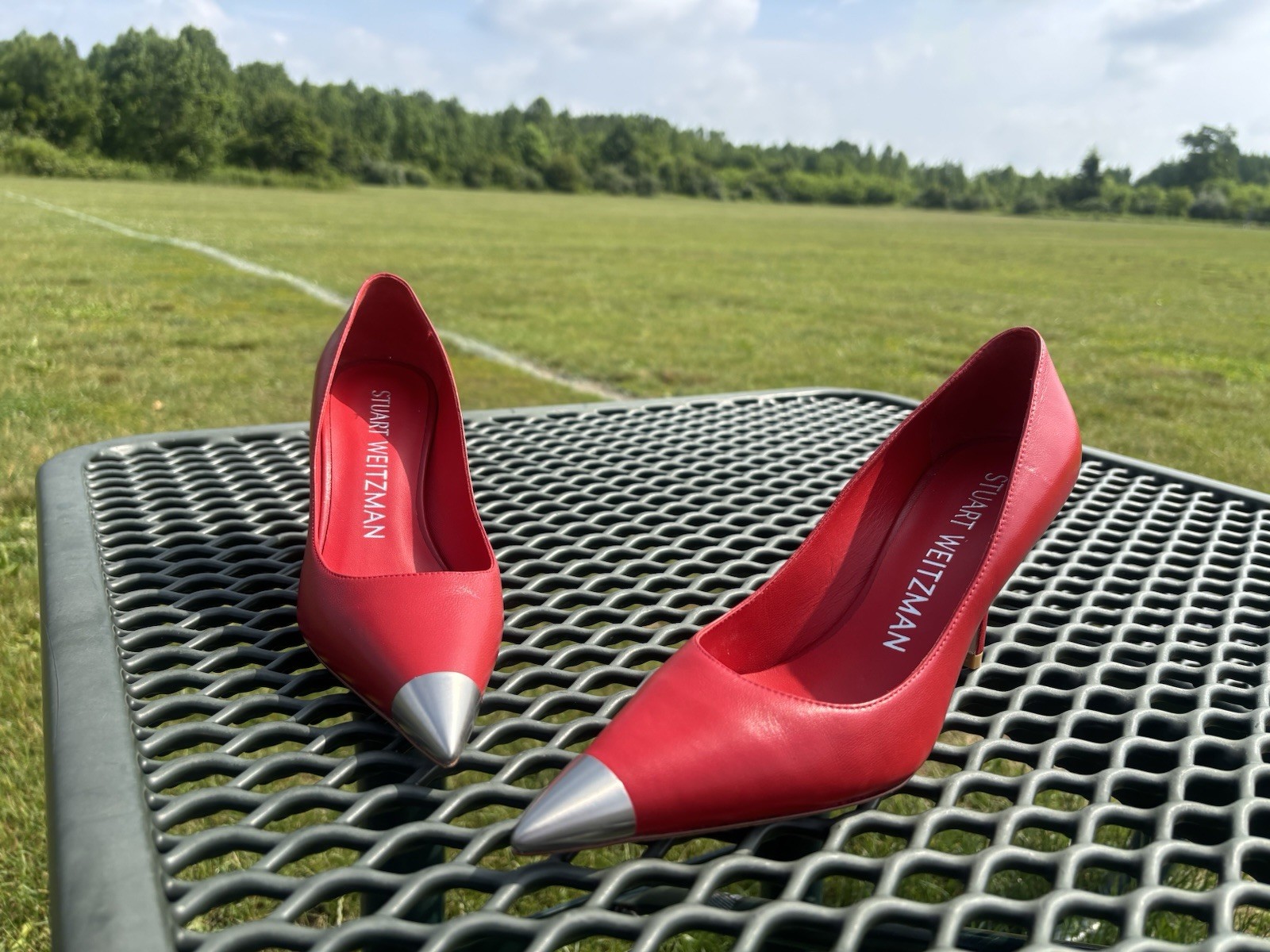 Stuart Weitzman STUART CAPSIZE 85 Pump Size 7.5B Red Brushed SILVER MSP$495