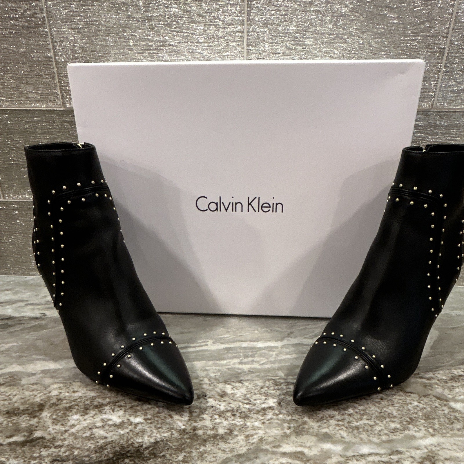 Calvin Klein Grazia Black Leather Studded Ankle Zip Booties Pointed Toe 9.5M