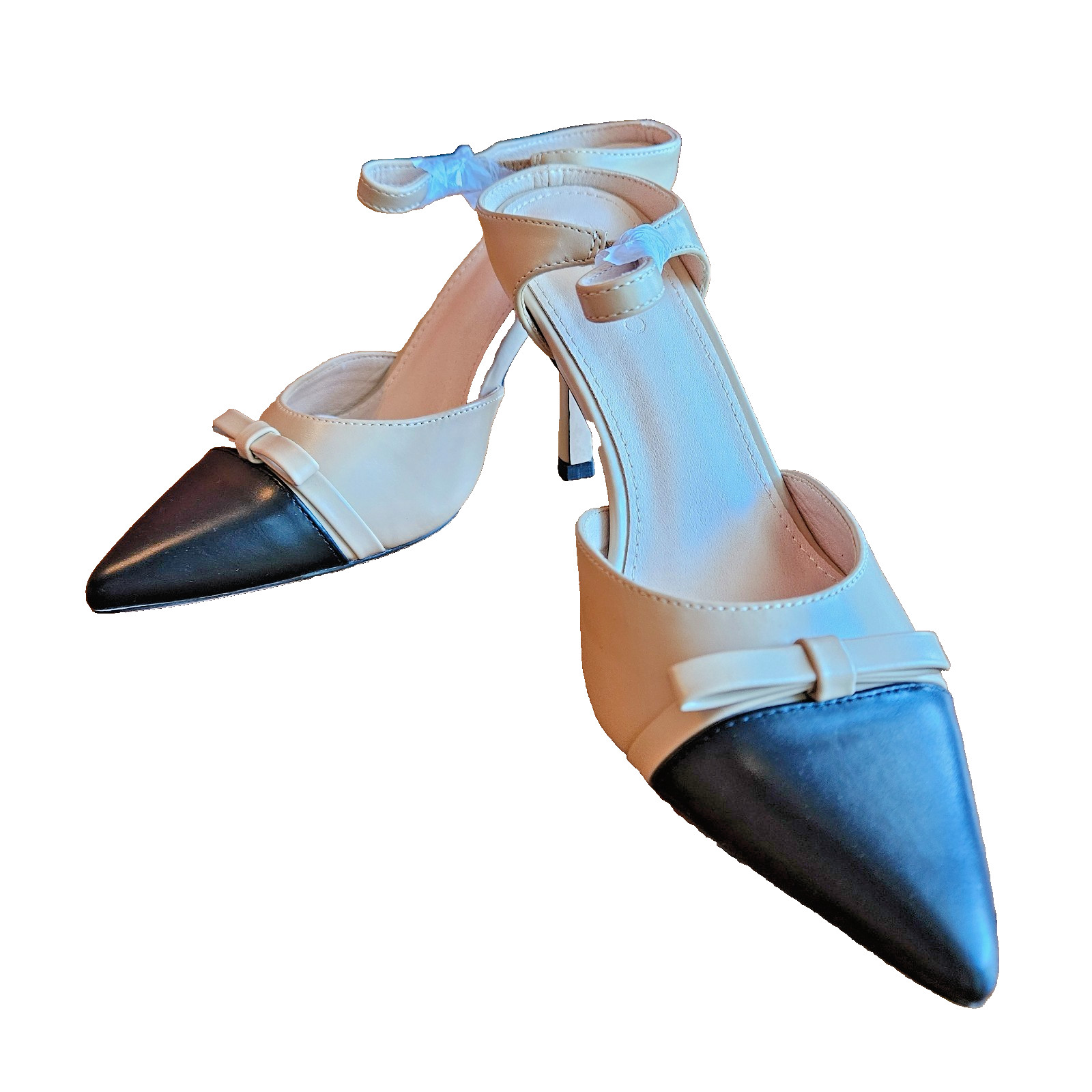 Black and Cream Coutgo Pu Point Toe Bow Detail High Stiletto Court Heels 9