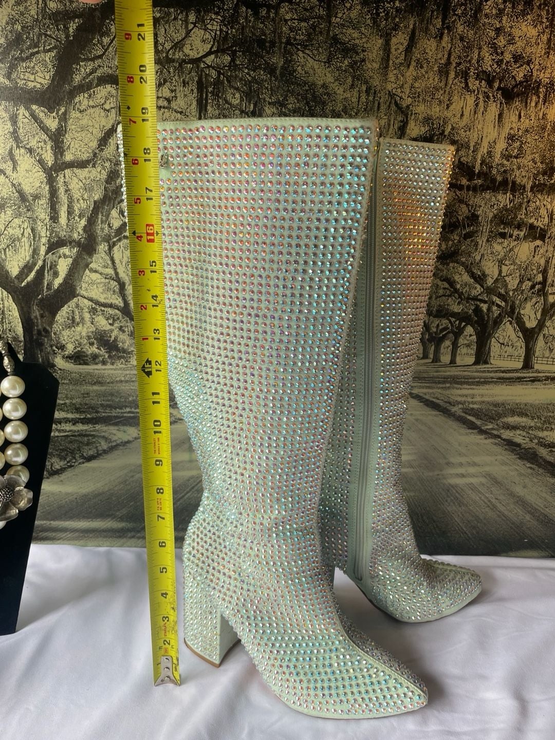 Sparkl Fairy Couture Mint Green AB Rhinestone Knee High Boots Size 9