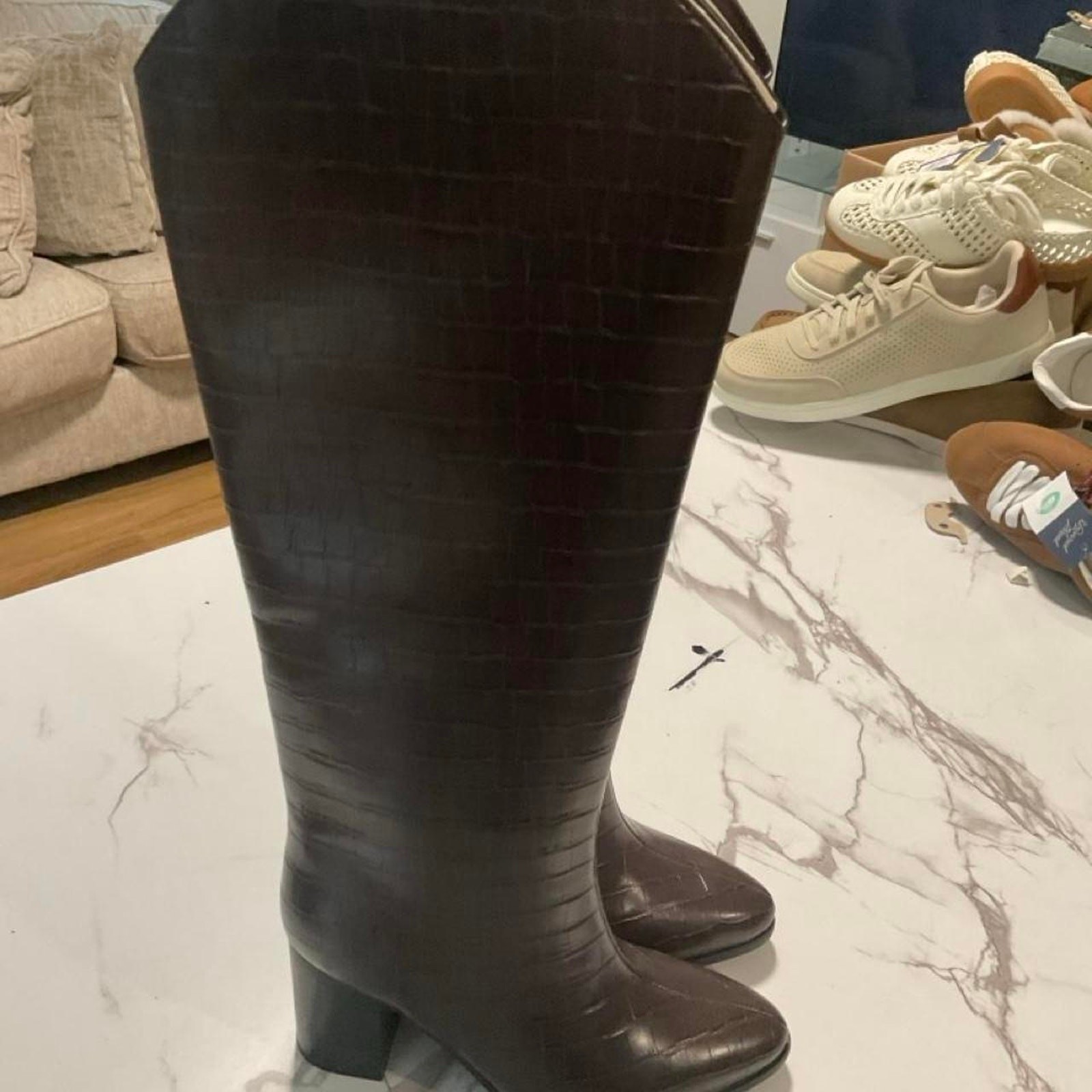 Brown crocodile textured knee high boots