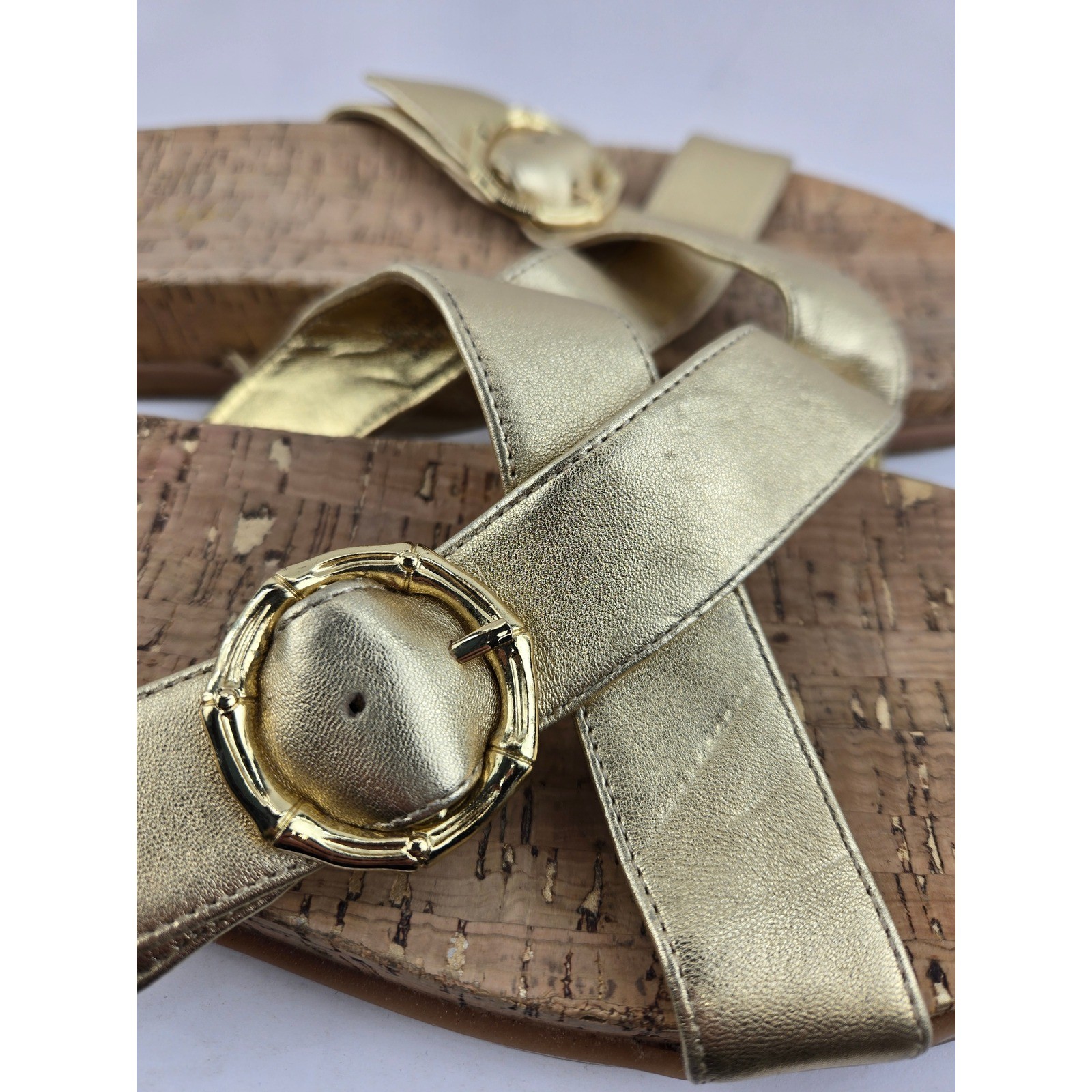 Lilly Pulitzer Bayshore Gold Metallic Leather Cork Slide Sandals Buckle 10 M