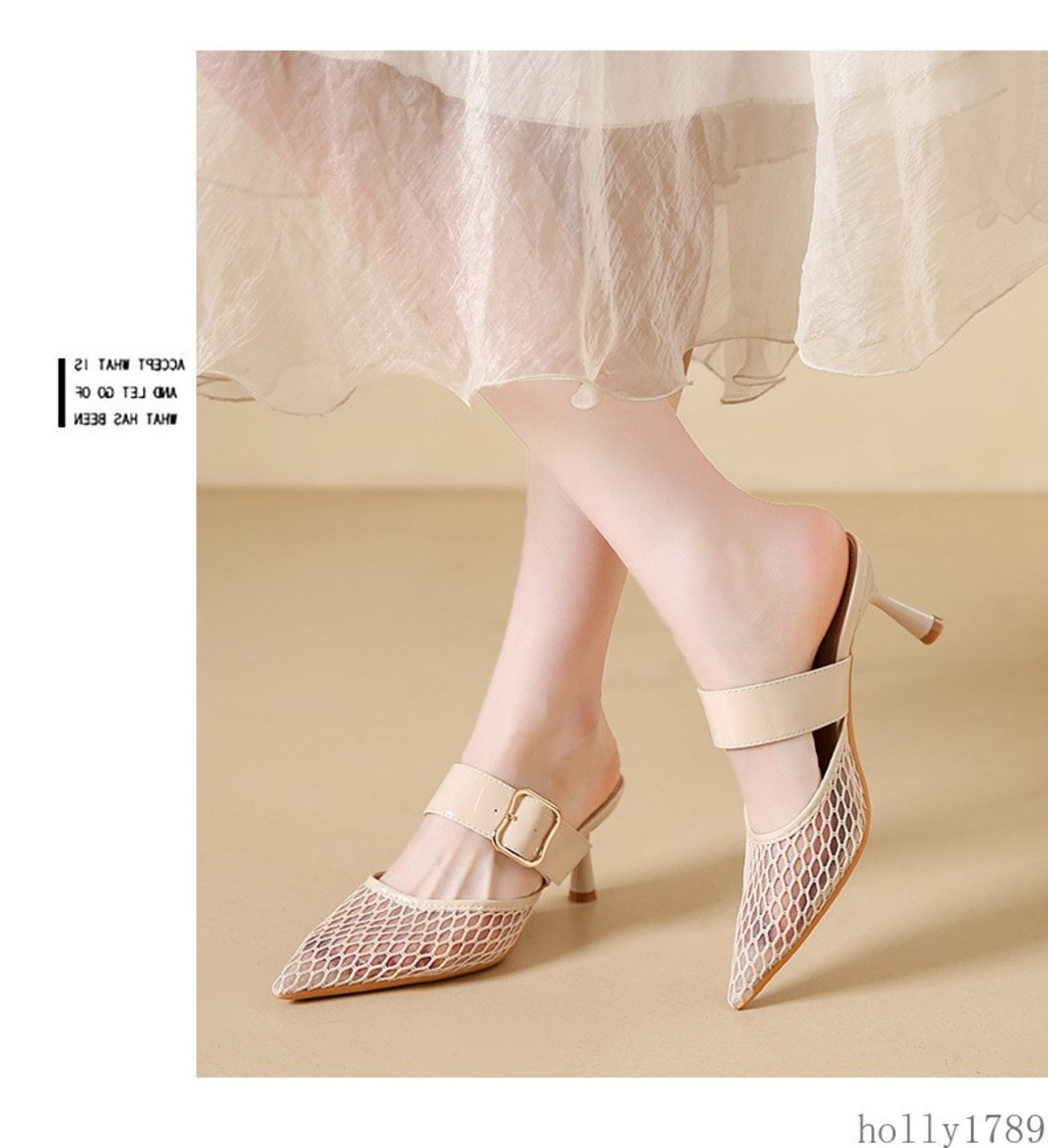 Mesh Pointed Toe Mule Heels Women Hollow Out Strap Slip on High Heel Sandals