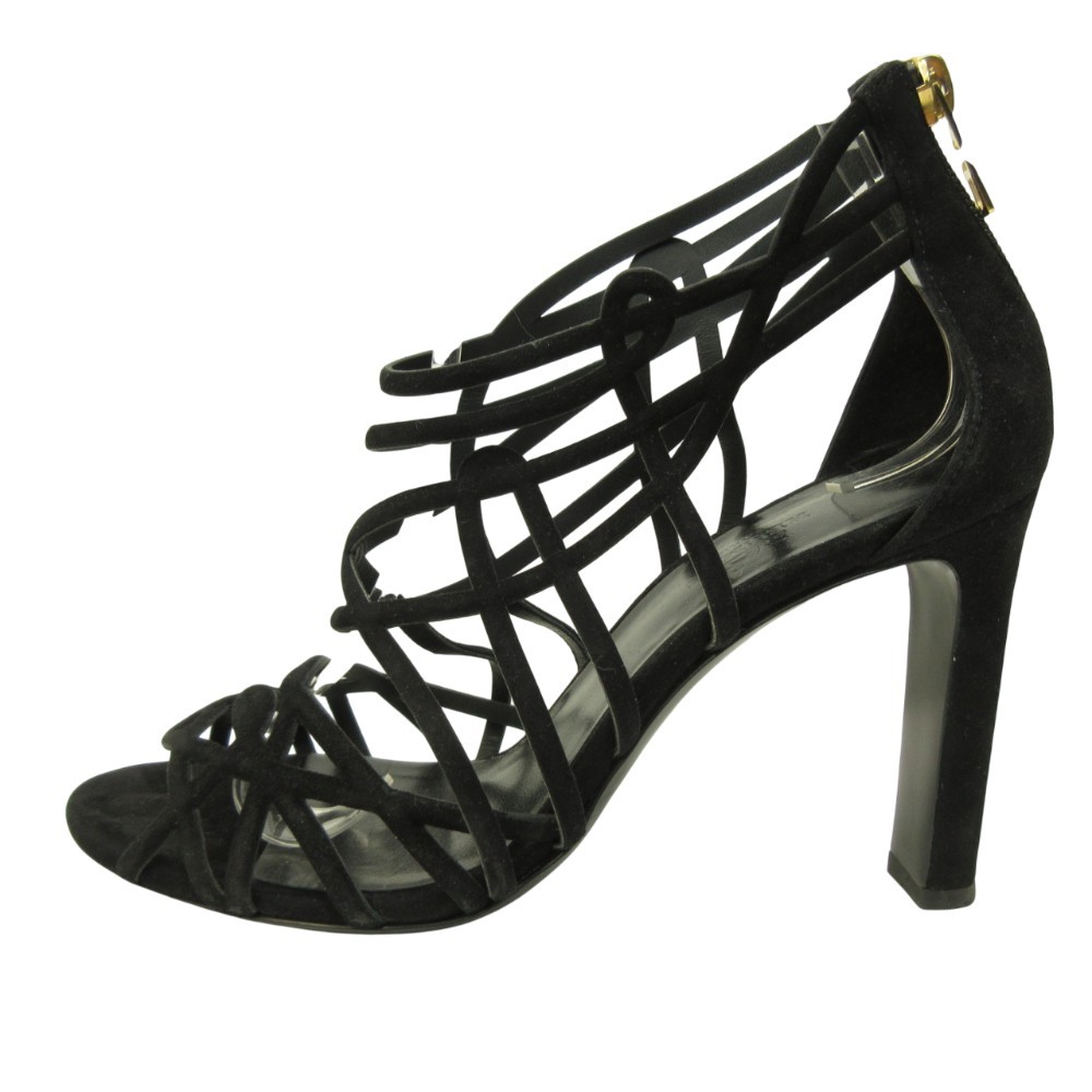 HERMES Good Condition Sandals Shoes High Heels Suede 37 24.0cm Black 0122 ■MNK4