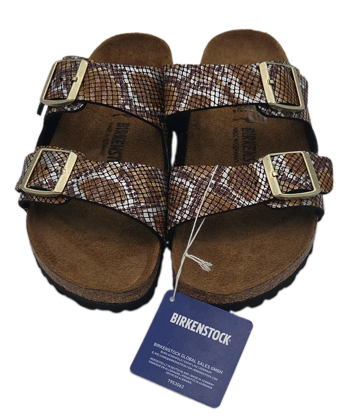 NWT Birkenstock Arizona Python Snakeskin Print Brown Gold Slide Sandals Size 11M