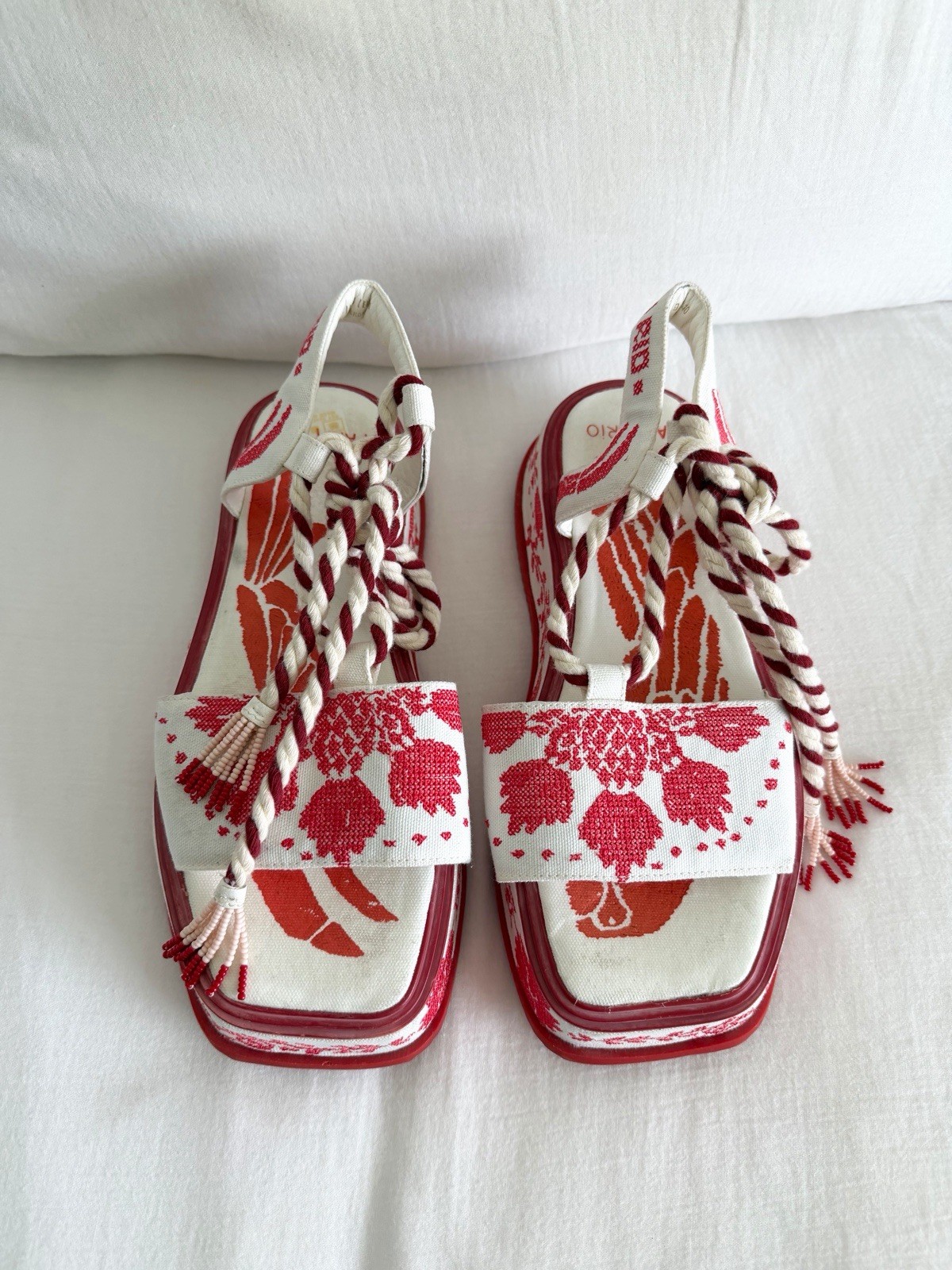 Farm Rio Red & White Embroidered Platform Sandal