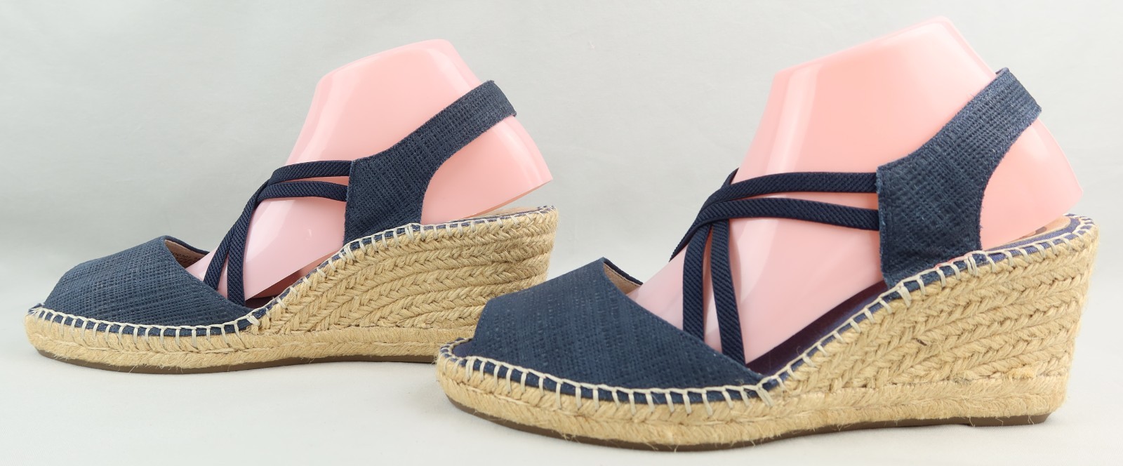 ABEO Delano Espadrille Wedge Peep Toe Sandal Sz 9 Neutral Navy Blue