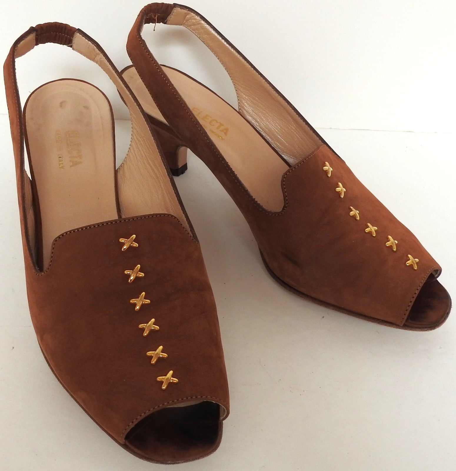 Electa Vero Cuoio Italy Brown Nubuk Sling Back Heels sz 7.5 EU 38 *ship w/o box