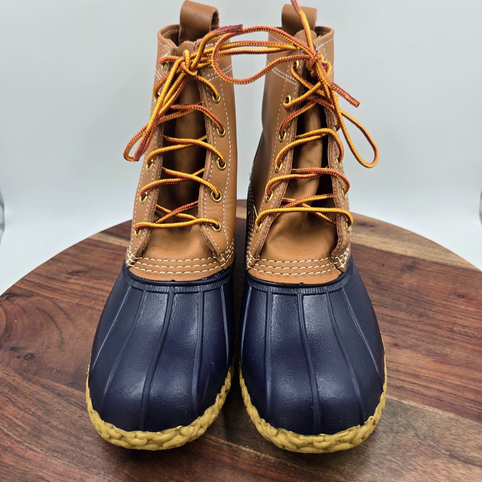 LL Bean Duck Boots Women’s 9M Tan Blue Leather Waterproof Rain Hunting USA Muck