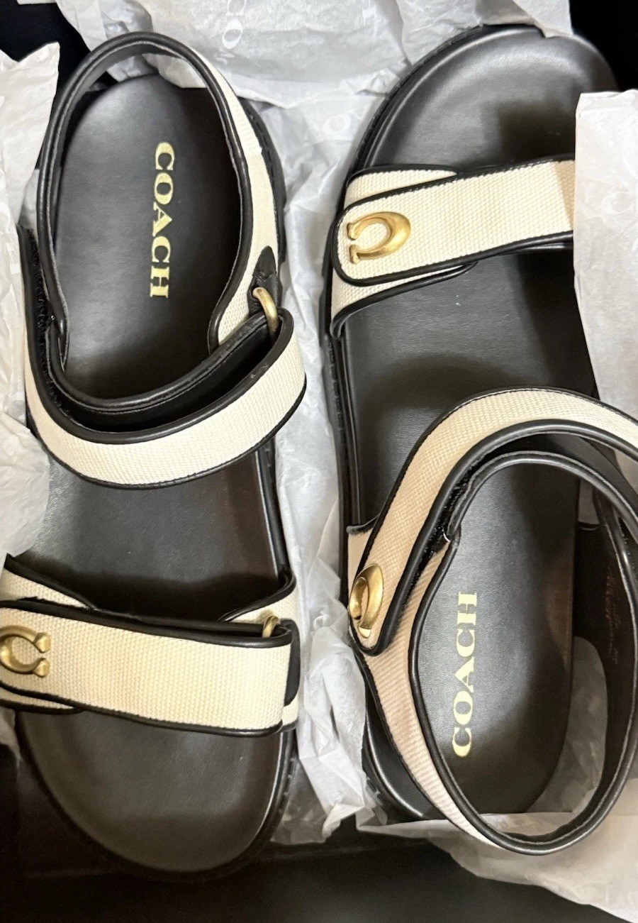 COACH Brynn Canvas Banded Sandals Gold Black White US 11 New
