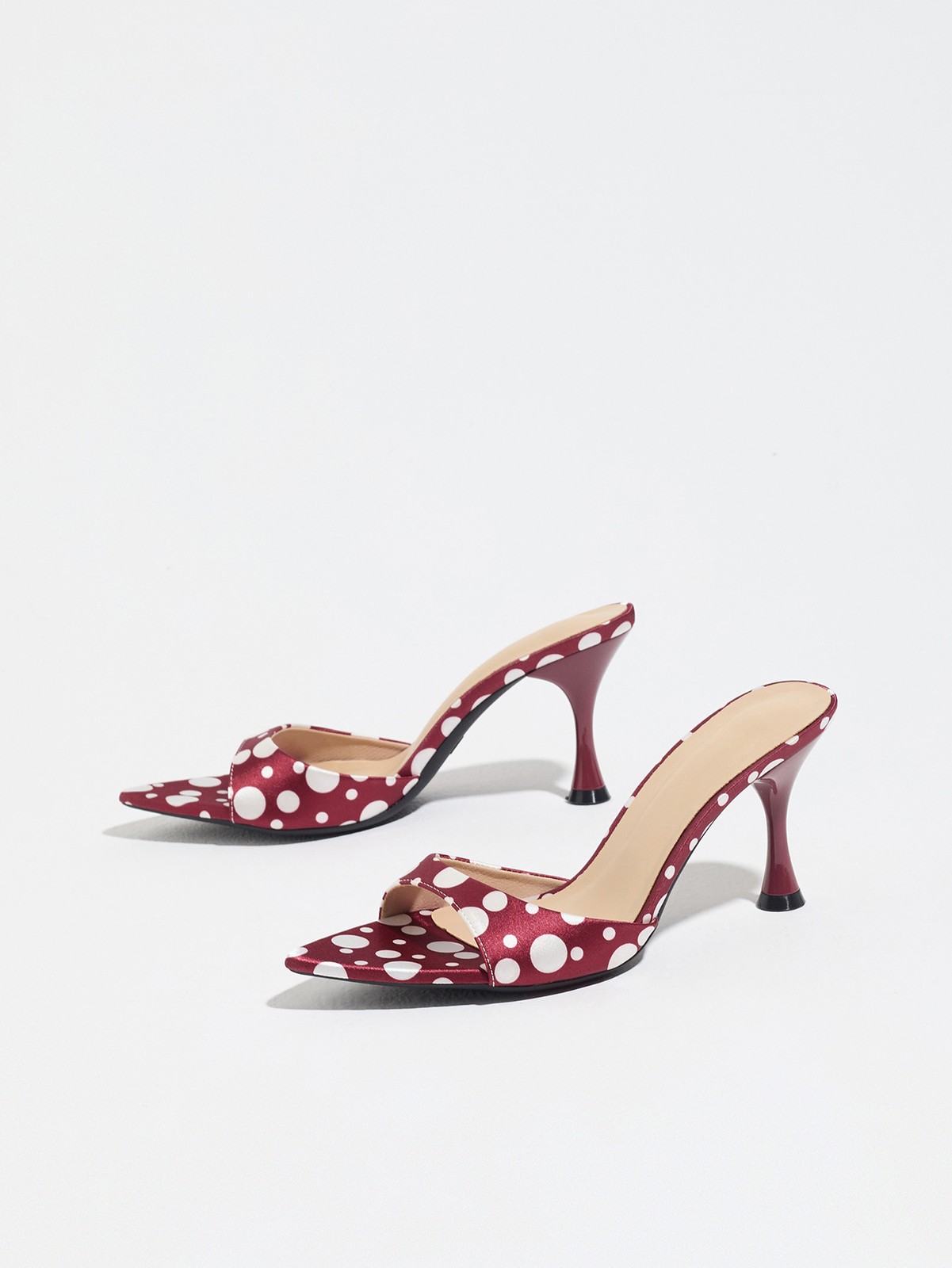 Women Sexy Leather Mid Heels Pointy Open Toe Polka Dot Sandals Shoes Slipper New