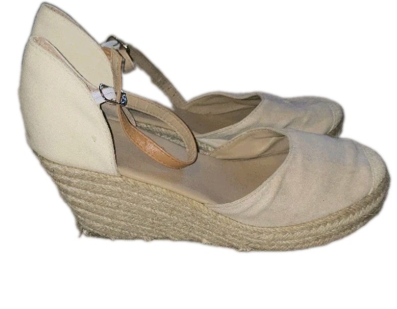 Beige Canvas Closed Toe Espadrille Wedge Sandals Tan Ankle Strap Size 9 Boho