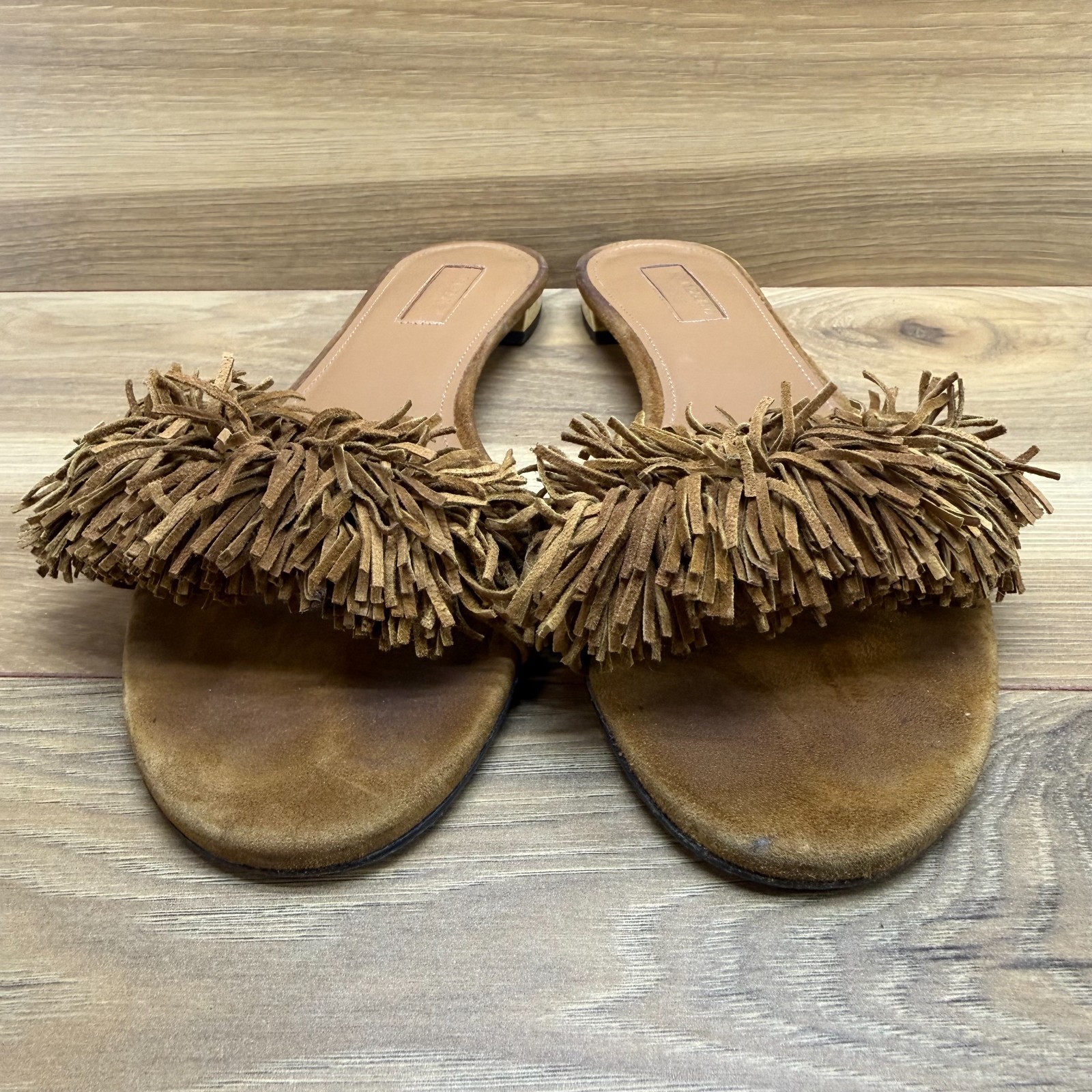 Aquazzura Fringe Sandals Womens 38.5 US 8.5 Suede Slides Flats
