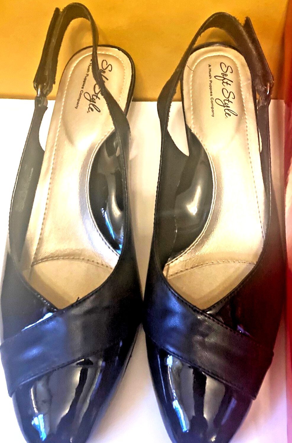 Soft Style Hushpuppy Patent Leather Slingback Shoe 9.5M Black 2.5″Cone Heel