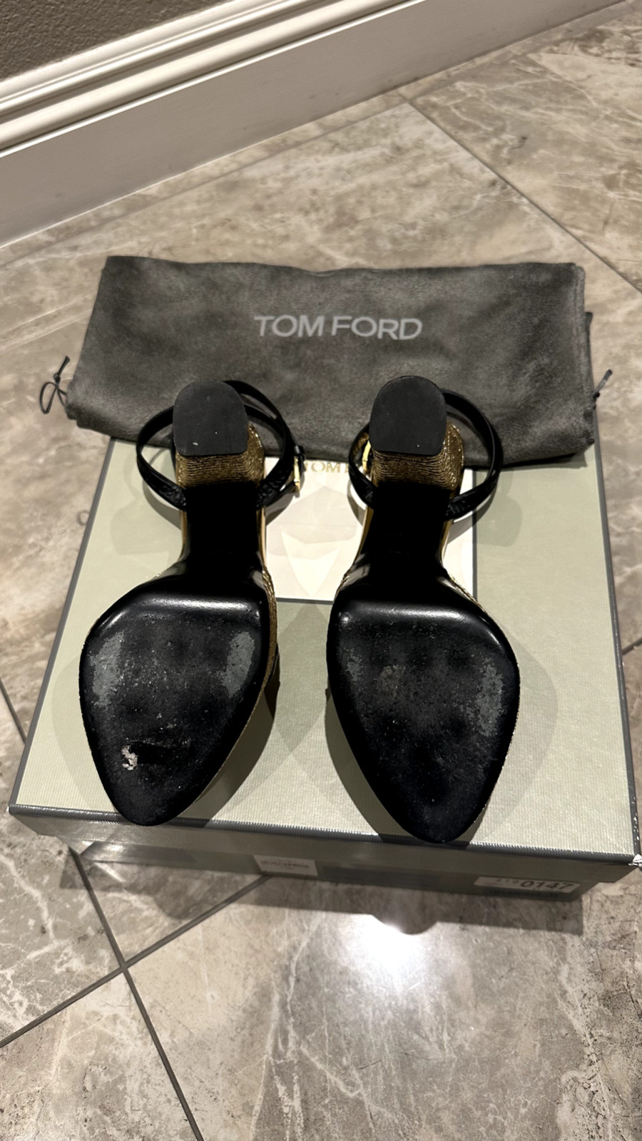 TOM FORD Black Leather & Gold Metallic Platform Sandals 37.5 – 7.5 US