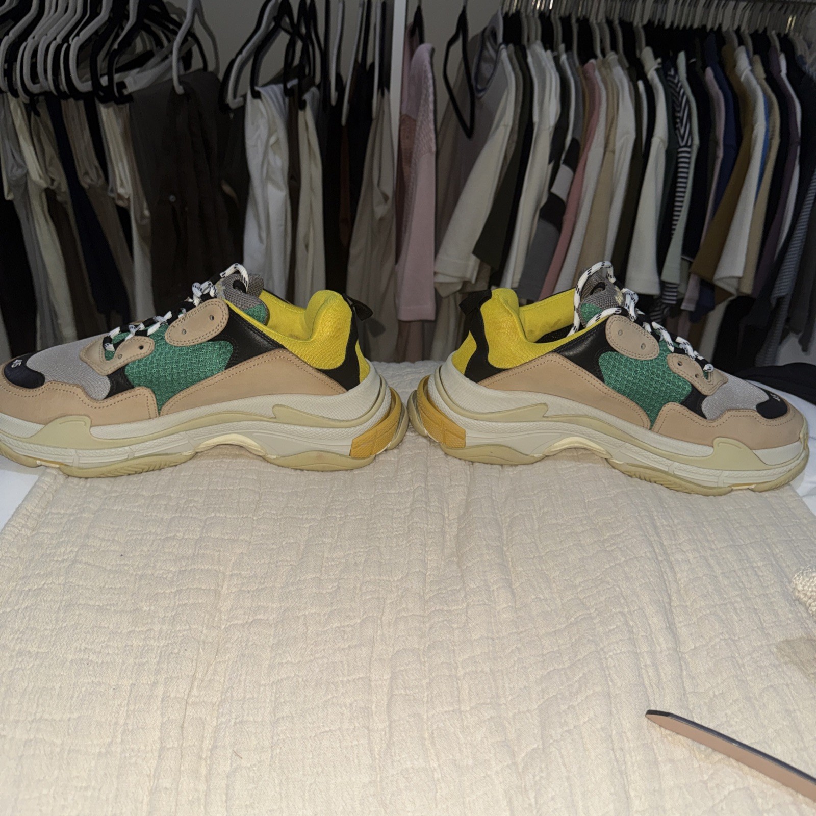 Balenciaga Triple S Men’s Low Top Lace-Up Colorblock Sneakers Beige/Green/Yellow