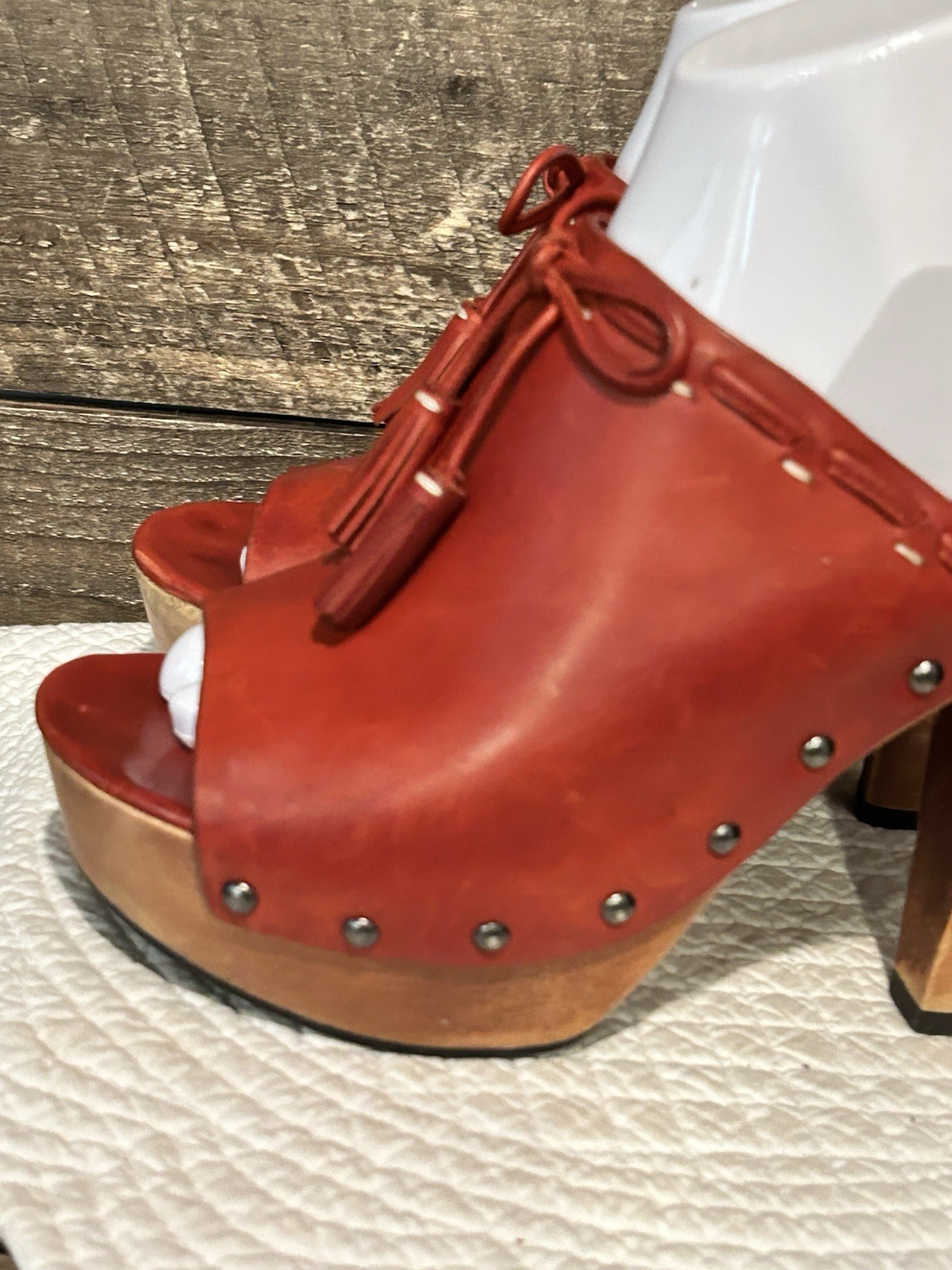 90s Platform Clog Mules Size 8 Via Spiga Red Leather Wood Studded Peep Toe 70s