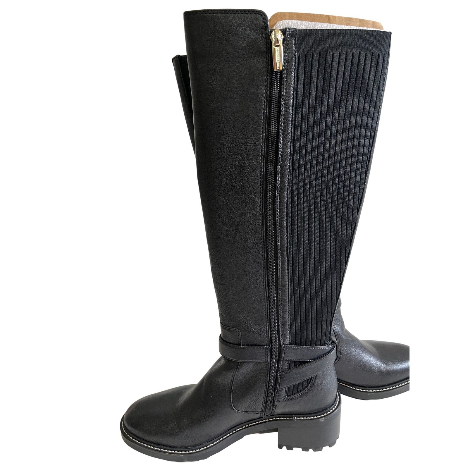 Vince Camuto Black Leather Ribbed Knit Boots Buckle Zip Lug Sole Women’s 7 1/2
