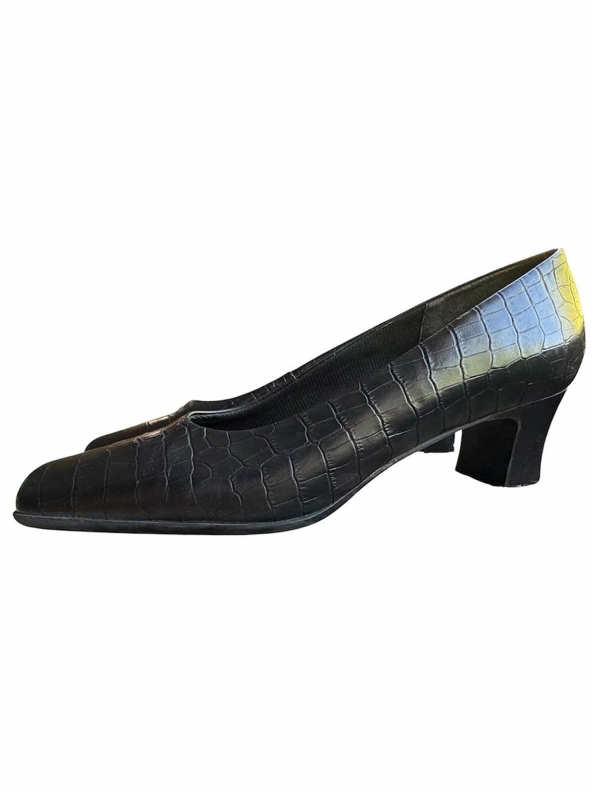 LifeStride Studio Croc-Embossed Leather Block Heel Pumps — Black, Size 7