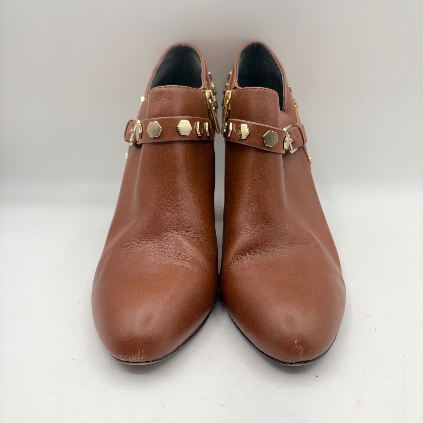 Isola Tan Leather Studded Ankle Booties Gold Hexagon Studs Block Heel Cognac 9.5