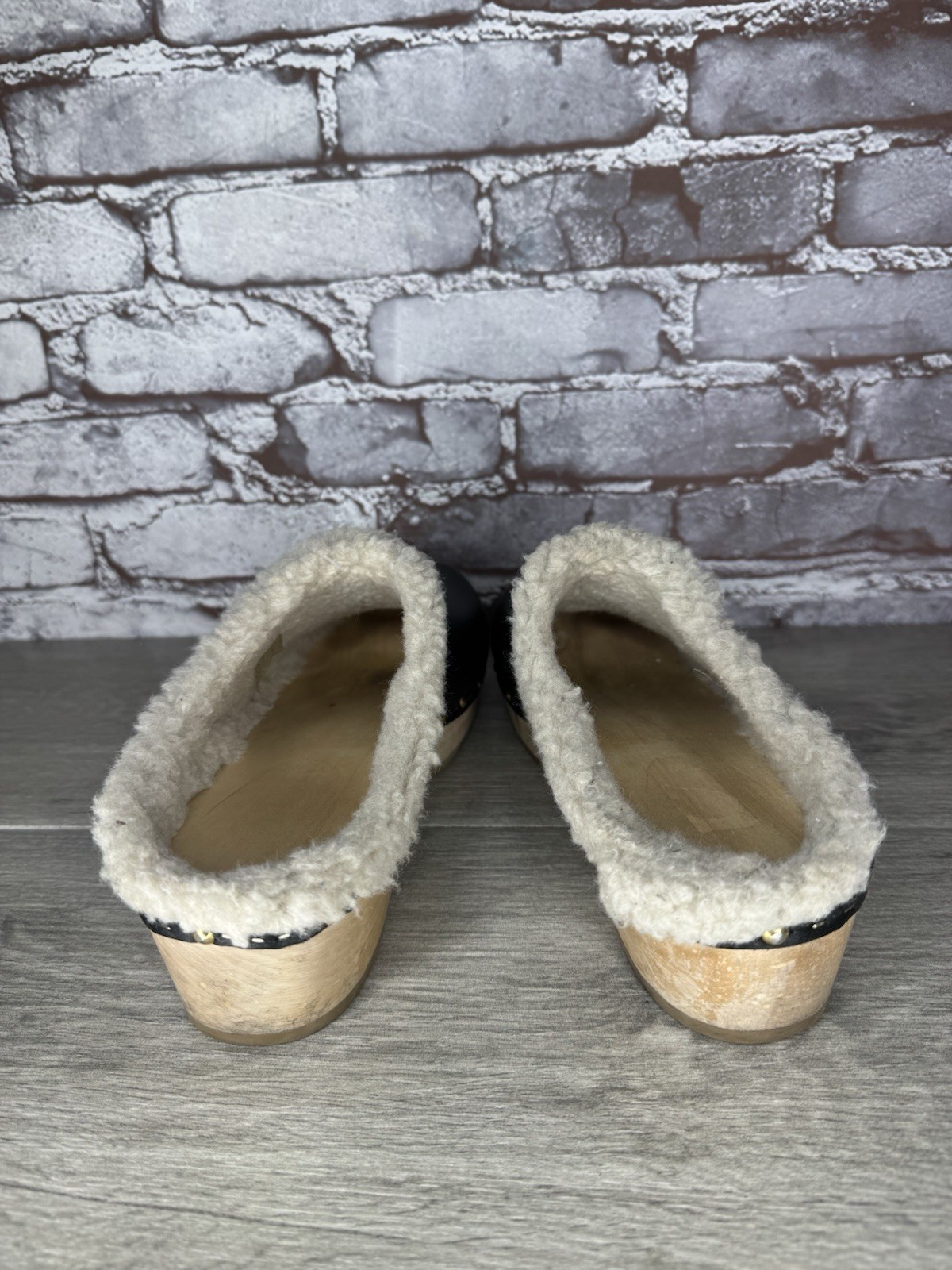 YouYou Sabot Wooden Black Leather French Clogs Slip On Fur Shoes Women 41EU/10.5