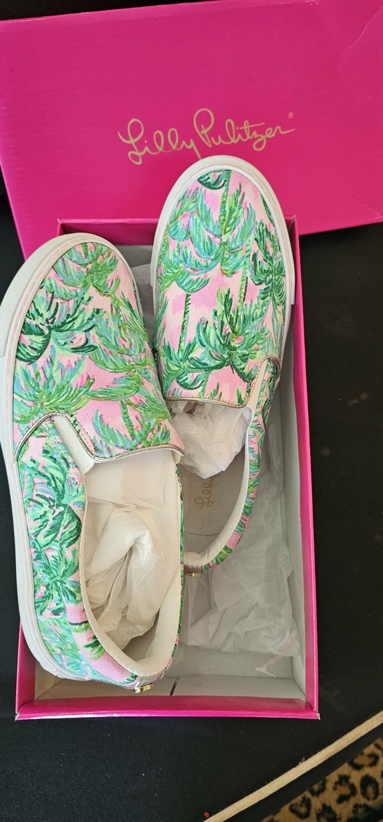 LILLY PULITZER WOMEN’S AILEEN PALM TREE GOLD SLIPON SNEAKER SANDALS 7M $168 NIB