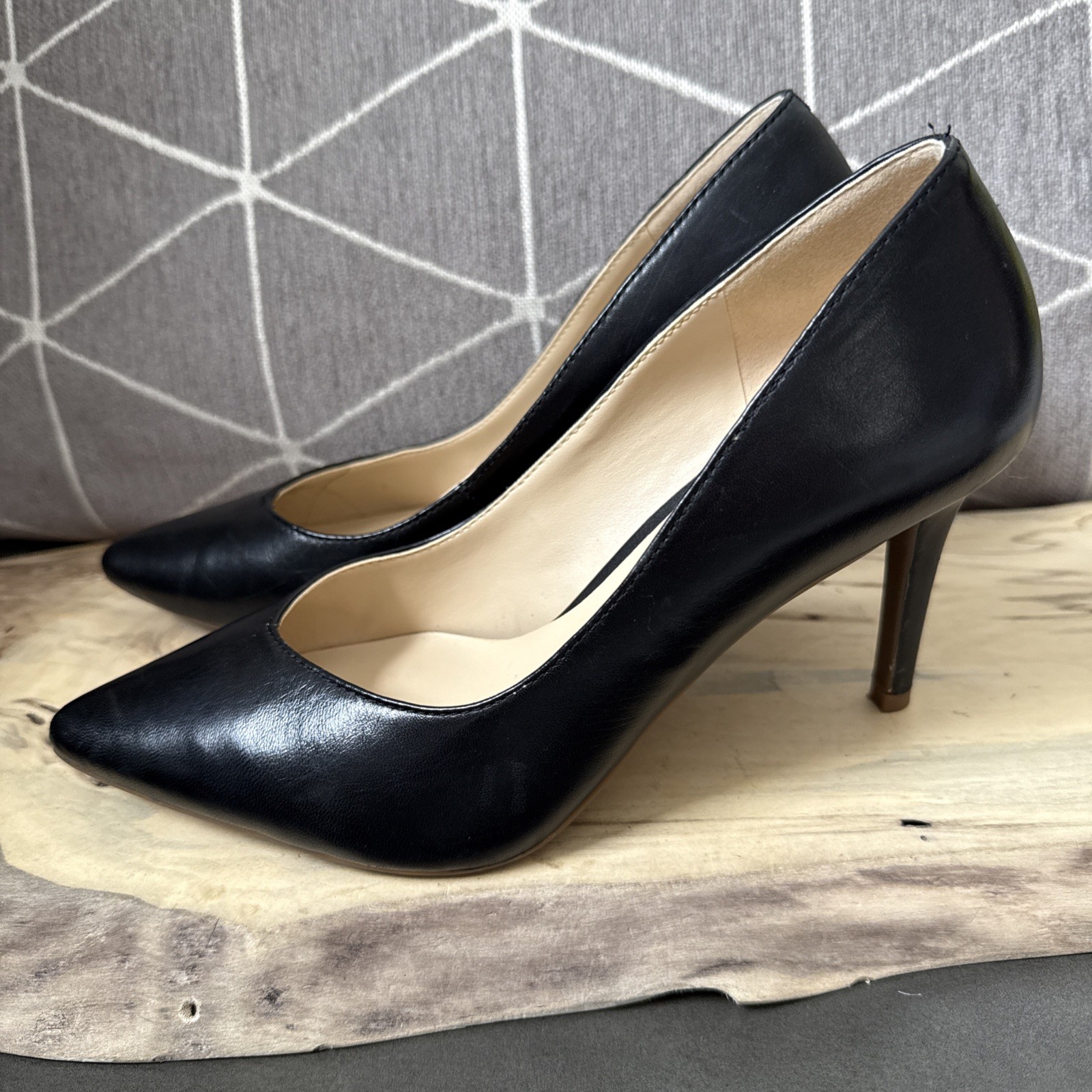 SOLE SOCIETY Point Toe Pumps Sz 6.5M Black Leather 3.25” Stiletto Heels LUNEIRA