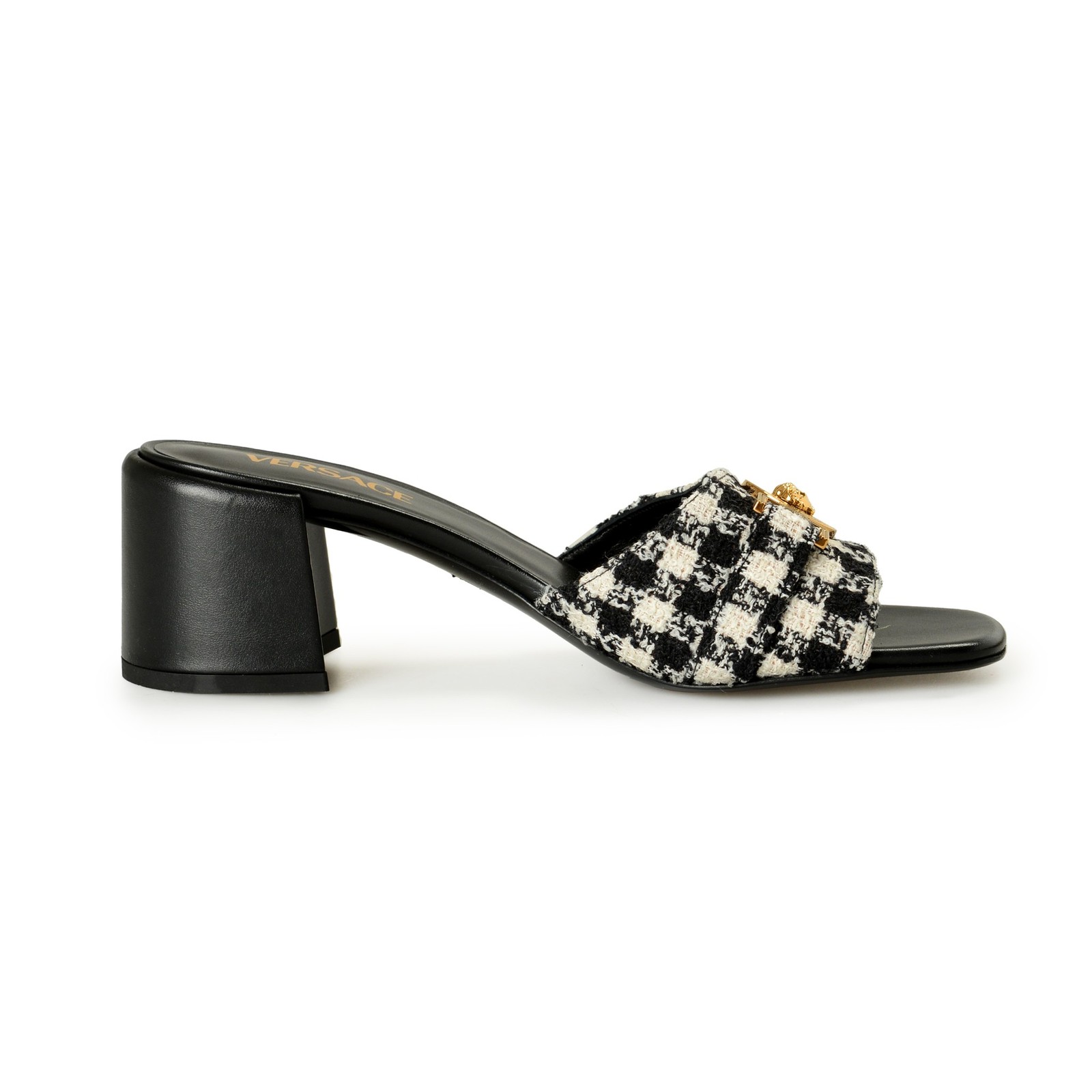 Versace Women’s Check Gold Medusa Heeled Sandals Mules Shoes US 6 IT 36