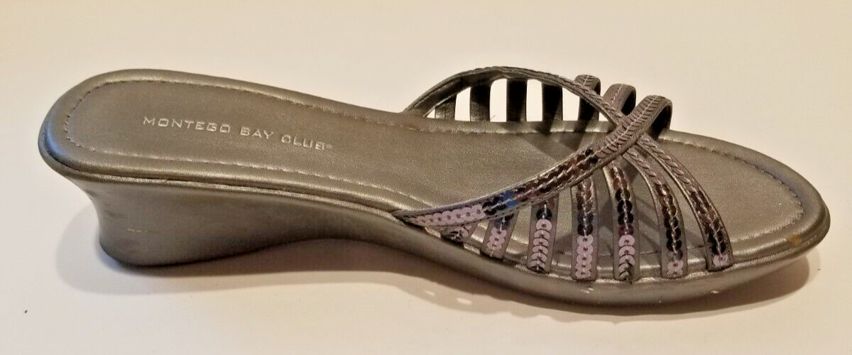 Women’s Silver Sequin Sandals Wedge Heel Slip-On Pewter US Size 9