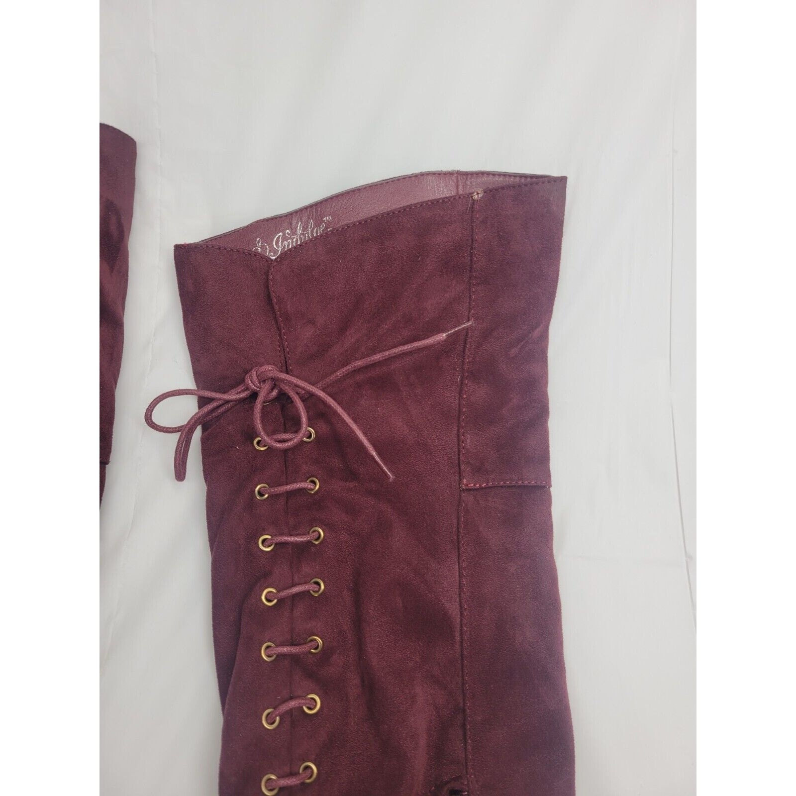 Indulge Size 7 Suede High Heel Over The Knee Boots Lace Up Zip Burgundy Maroon