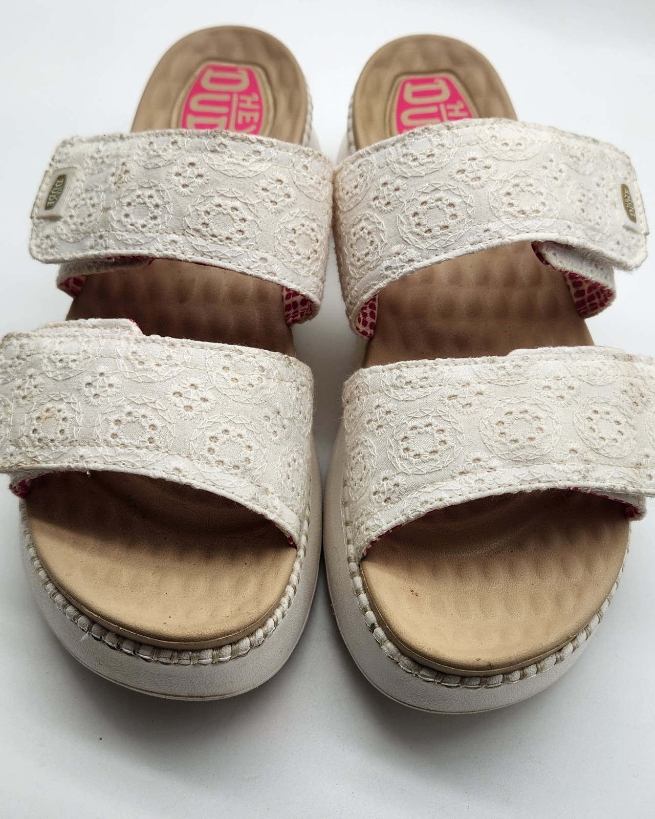 Hey Dude Womens Delray Slide Eyelet Platform Sandals White Lace Strap Size 9 W
