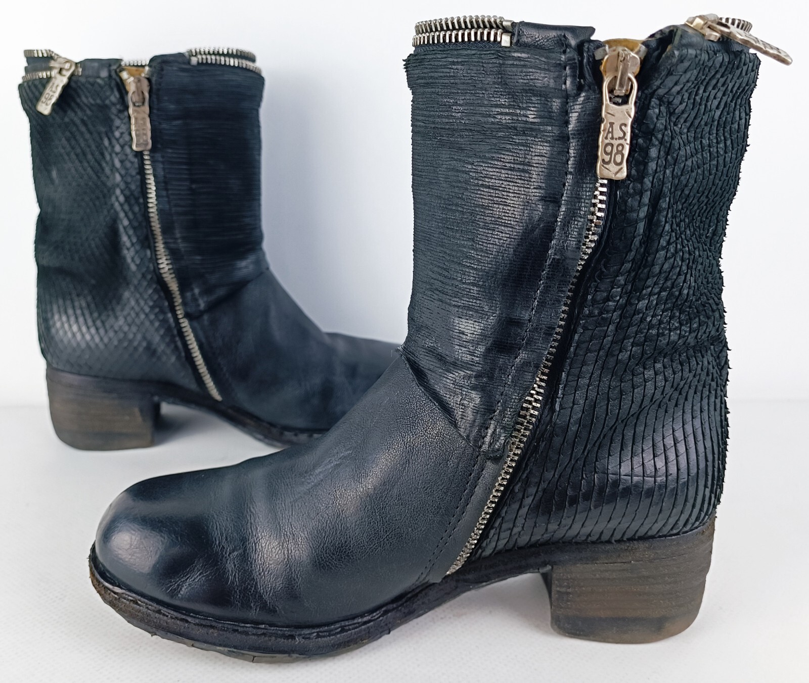 A.S.98 AirStep Womens Black Micro-textured Leather Biker Boho Boots Size EU 37