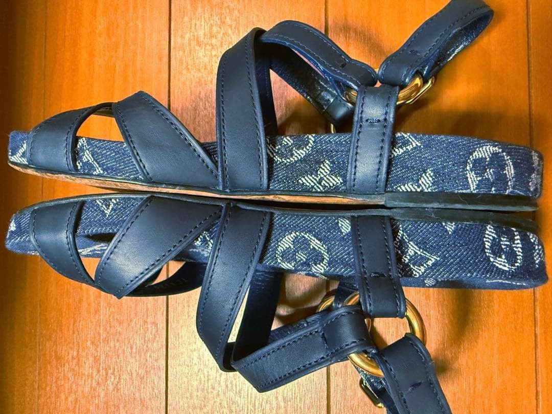 Louis Vuitton Monogram Denim Sandals Flat US 6.5 EU 36 Navy Gold Metal LV Logo