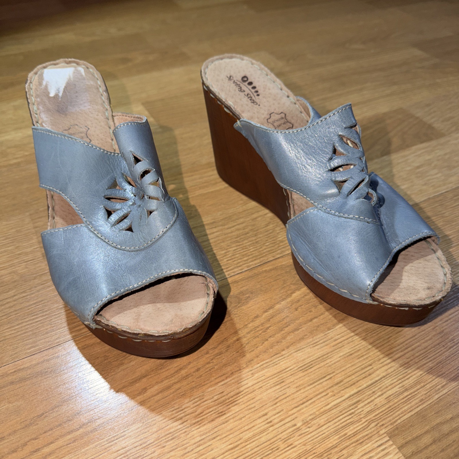 Spring Step Wedge Womens Sandals Size 39 US 8 Blue Leather Heels Summer