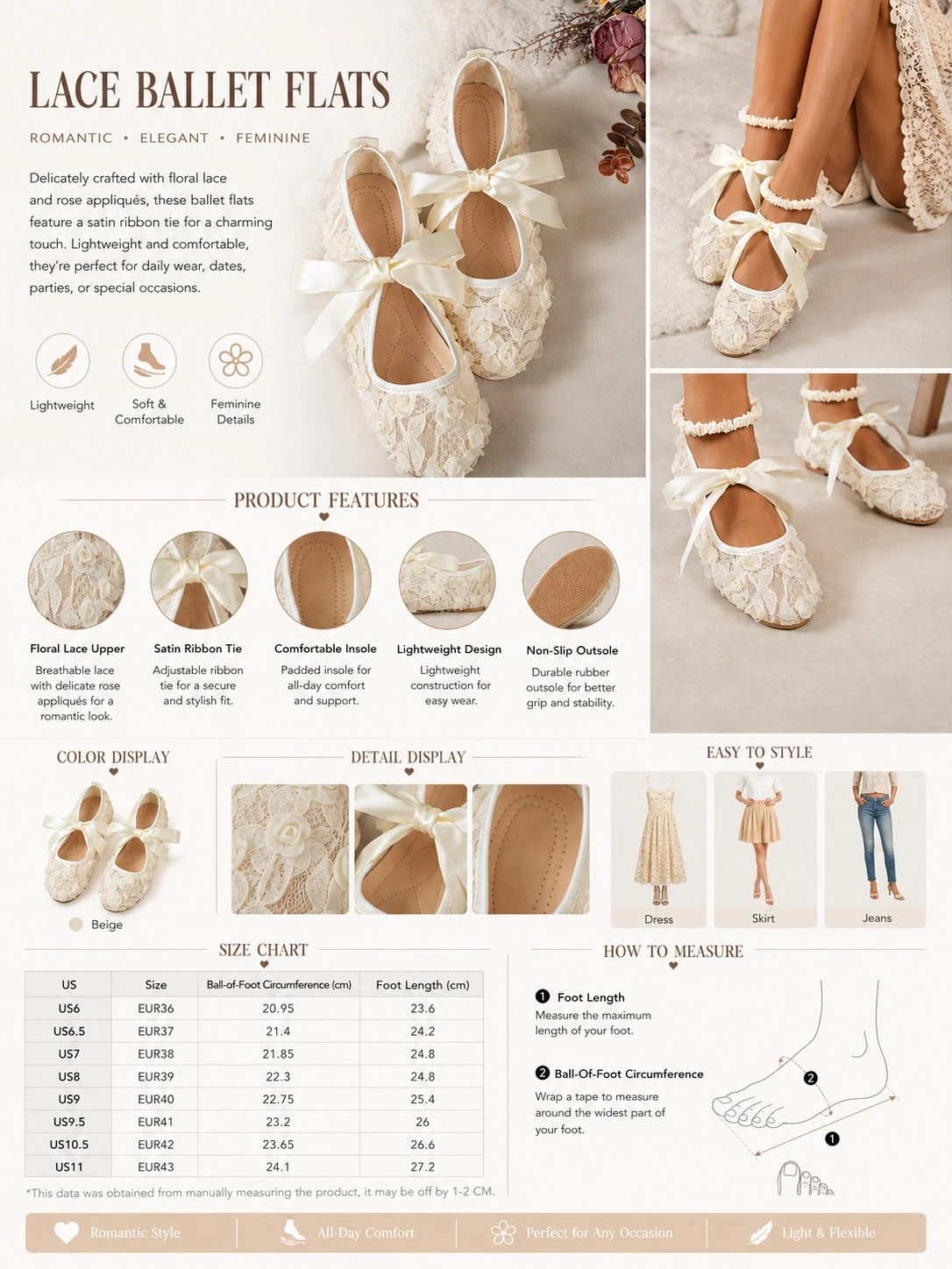 Women’s Elegant Bow-Knot Mesh Lace Flat Shoes, Decorated With 3D Rose Flowers
