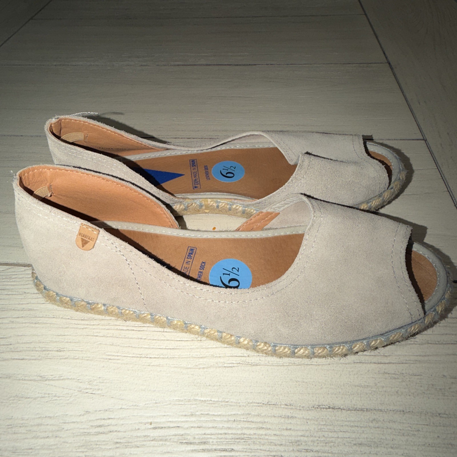 Verbenas Cruz Peep Toe Suede Leather Flats Taupe Espadrille Shoes EU 37 US 7 6.5