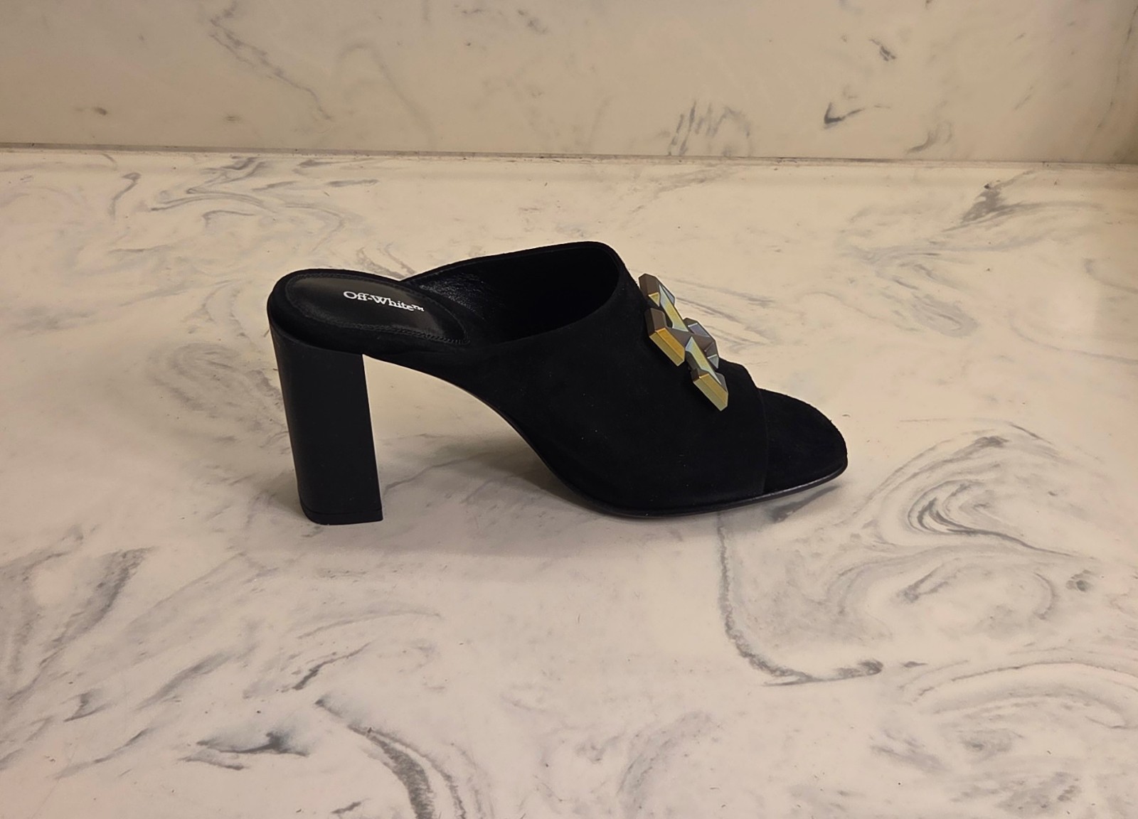 New! Off-White ‘Arrows Sabot’ Sandals Black Suede Womens 6 US 36 Eur. MSRP $900