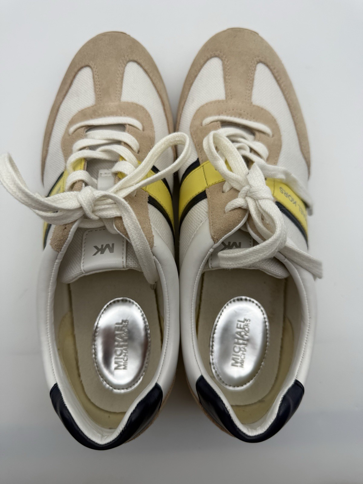 Michael Kors Textile Leather Shoes Sneakers White Beige Yellow Stripe Size 9.5M