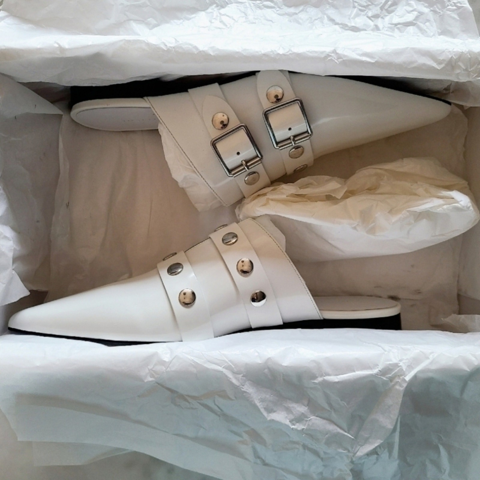 Victoria Beckham Patent Leather Studded Mules White EU 38 US 8 NIB $835