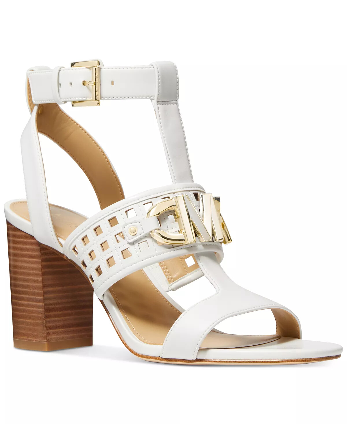 NWT Michael Kors MK Logo White/Gold/Brown Izzy T-Strap Sandal Block Heel Size 11