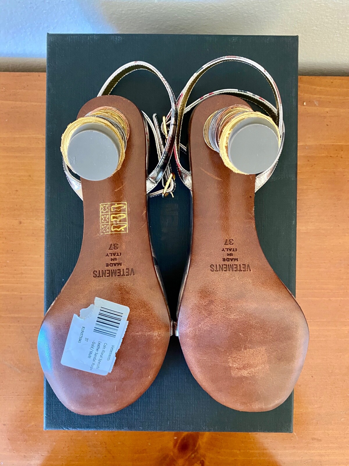 Vetements Gold Silver Money Stackable Coins Flowers Leather Rare Sandals. 37
