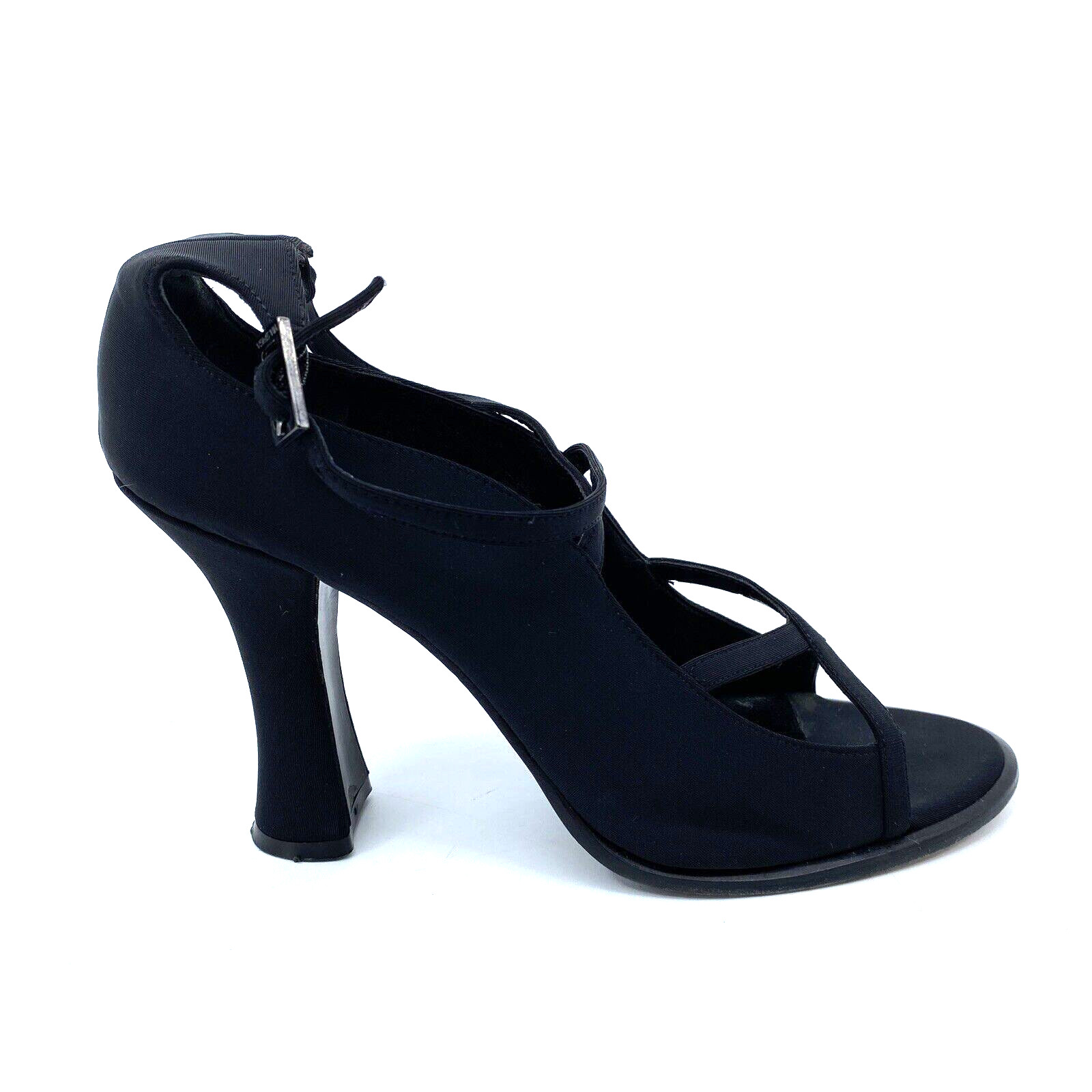 Womens 7.5 M Via Spiga Cage Black Satin Strappy Sandals 3.25″ Heel Made in Italy