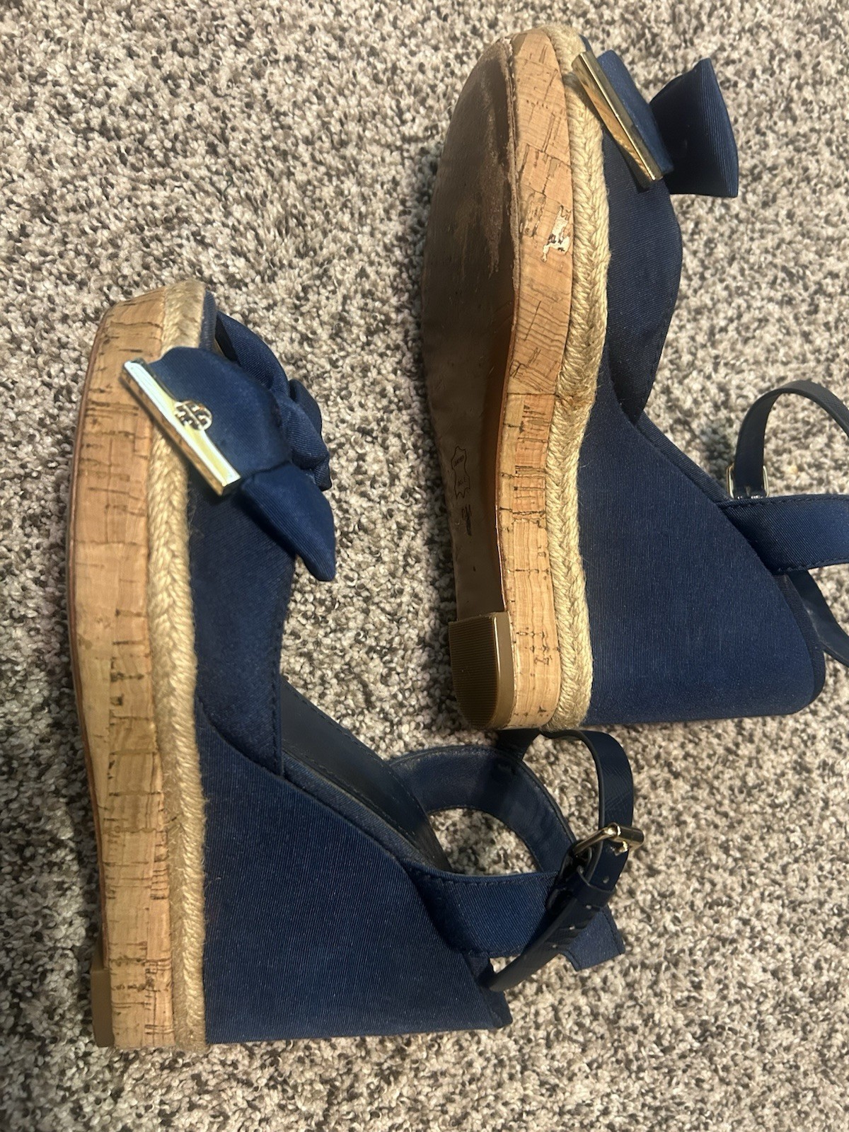 Tory Burch Blue Wedge Ankle Strap Sandals Bow Logo Buckle Women’s US 8